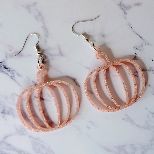Cute Blush Pink Glitter Pumpkin Dangle Earrings - Halloween Jewelry - Halloween Earrings - Fall Autumn Jewelry - Acrylic Earrings