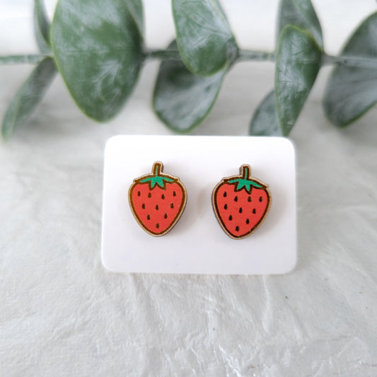 Wooden Strawberry Stud Earrings - Wooden Food Funny Earrings - Fruit Earrings - Silly Earrings - Fruit and Vegetable Earrings