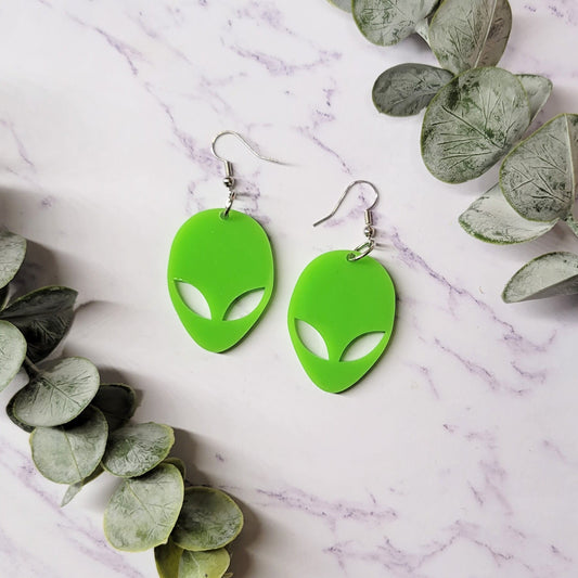Lime Green Acrylic Alien Head Earrings - Raver Earrings - Engraved Earrings - Acrylic Earrings