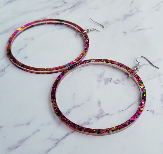 4 Sizes! Over Sized Glitter Sparkle Acrylic Hoop Earrings - Minimalist Hoops - Dangle Hoop Earrings - Glitter Earrings