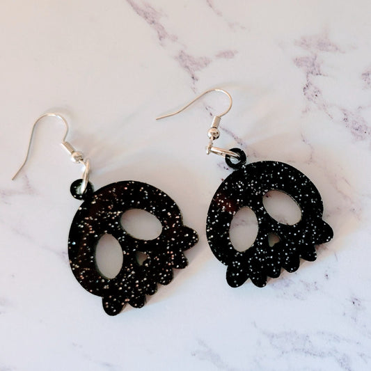 Cute Black Glitter Skull Dangle Earrings - Halloween Jewelry - Halloween Earrings - Fall Autumn Jewelry - Acrylic Earrings