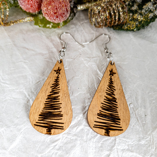 Wooden Christmas Tree Dangle Earrings - Christmas Abstract Earrings - Christmas Glitter Earrings - Wood Earrings - Holiday Jewelry