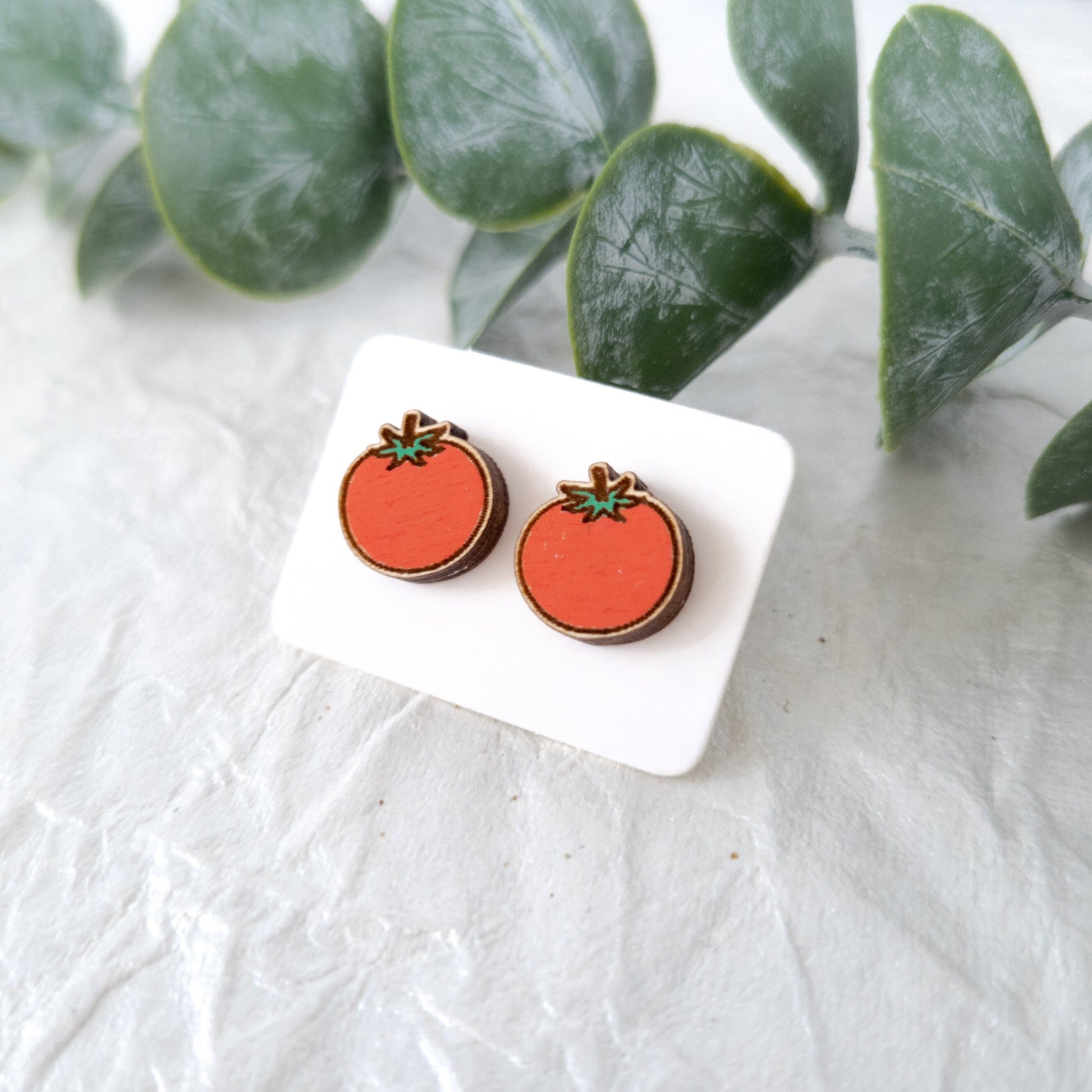 Wooden Tomato Stud Earrings - Wooden Food Funny Earrings - Fruit Earrings - Silly Earrings - Fruit and Vegetable Earrings