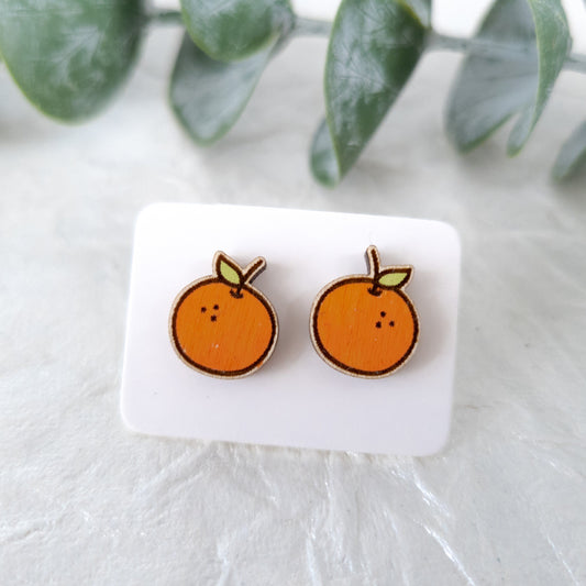 Wooden Oranges Stud Earrings - Wooden Food Funny Earrings - Fruit Earrings - Silly Earrings - Fruit and Vegetable Earrings