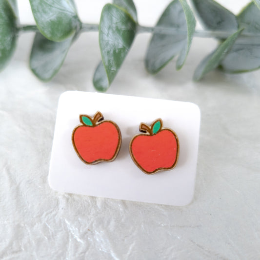 Wooden Apple Stud Earrings - Wooden Food Funny Earrings - Fruit Earrings - Silly Earrings - Fruit and Vegetable Earrings