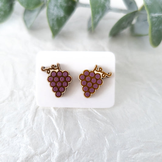 Wooden Grapes Stud Earrings - Wooden Food Funny Earrings - Fruit Earrings - Silly Earrings - Fruit and Vegetable Earrings
