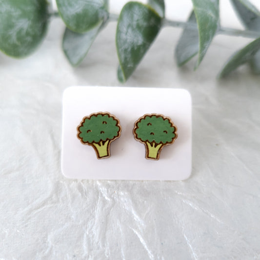 Wooden Broccoli Stud Earrings - Wooden Food Funny Earrings - Veggie Earrings - Silly Earrings - Fruit and Vegetable Earrings