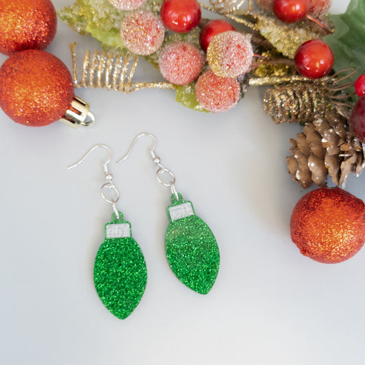 Christmas Light Dangle Earrings - Christmas Bulb Earrings - Christmas Glitter Earrings - Green Acrylic Christmas Earrings - Holiday Jewelry