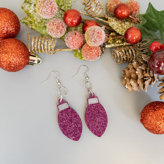 Christmas Light Dangle Earrings - Christmas Bulb Earrings - Christmas Glitter Earrings - Purple Acrylic Christmas Earrings - Holiday Jewelry