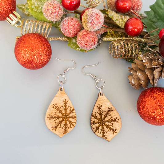 Wooden Snowflake Dangle Earrings - Christmas Holiday Earrings - Christmas Glitter Earrings - Wood Christmas Earrings - Holiday Jewelry