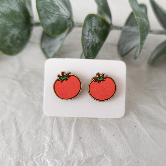 Wooden Tomato Stud Earrings - Wooden Food Funny Earrings - Fruit Earrings - Silly Earrings - Fruit and Vegetable Earrings