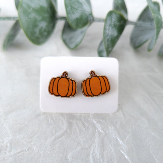 Wooden Pumpkin Stud Earrings - Wooden Food Funny Earrings - Veggie Earrings - Silly Earrings - Fruit and Vegetable Earrings