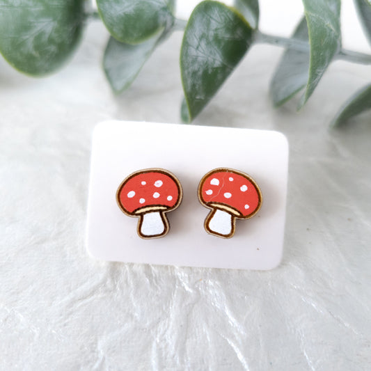 Wooden Red and White Mushroom Stud Earrings - Wooden Food Funny Earrings - Veggie Earrings - Silly Earrings - Fruit and Vegetable Earrings