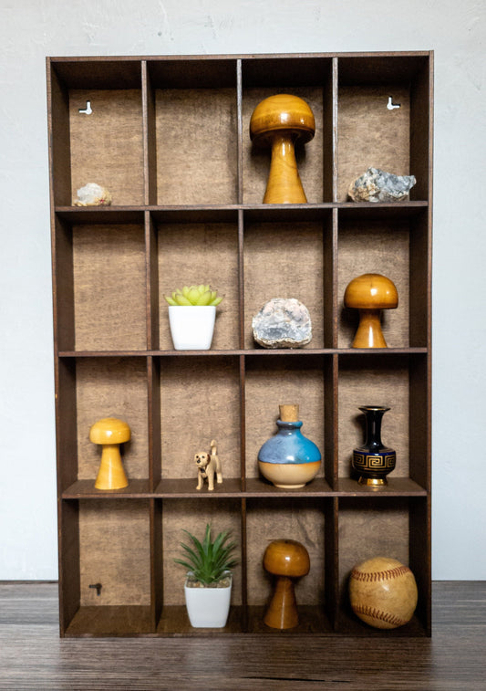 16 Compartment Wooden Display Shelf - Trinket Shelf - Curio Cabinet- Knick Knack Collection Display - Printer Tray -Figure Organizer Display