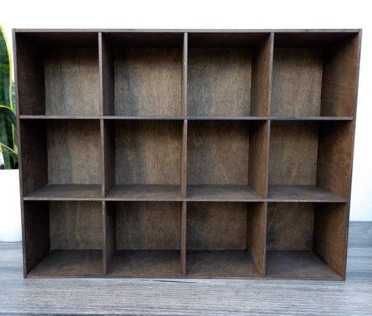 12 Compartment Wooden Display Shelf - Trinket Shelf - Curio Cabinet- Knick Knack Collection Display - Printer Tray -Figure Organizer Display