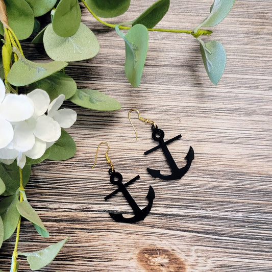 Anchor Earrings - Black Acrylic Ocean Boat Earrings - Acrylic Dangle Earrings - Summer Earrings
