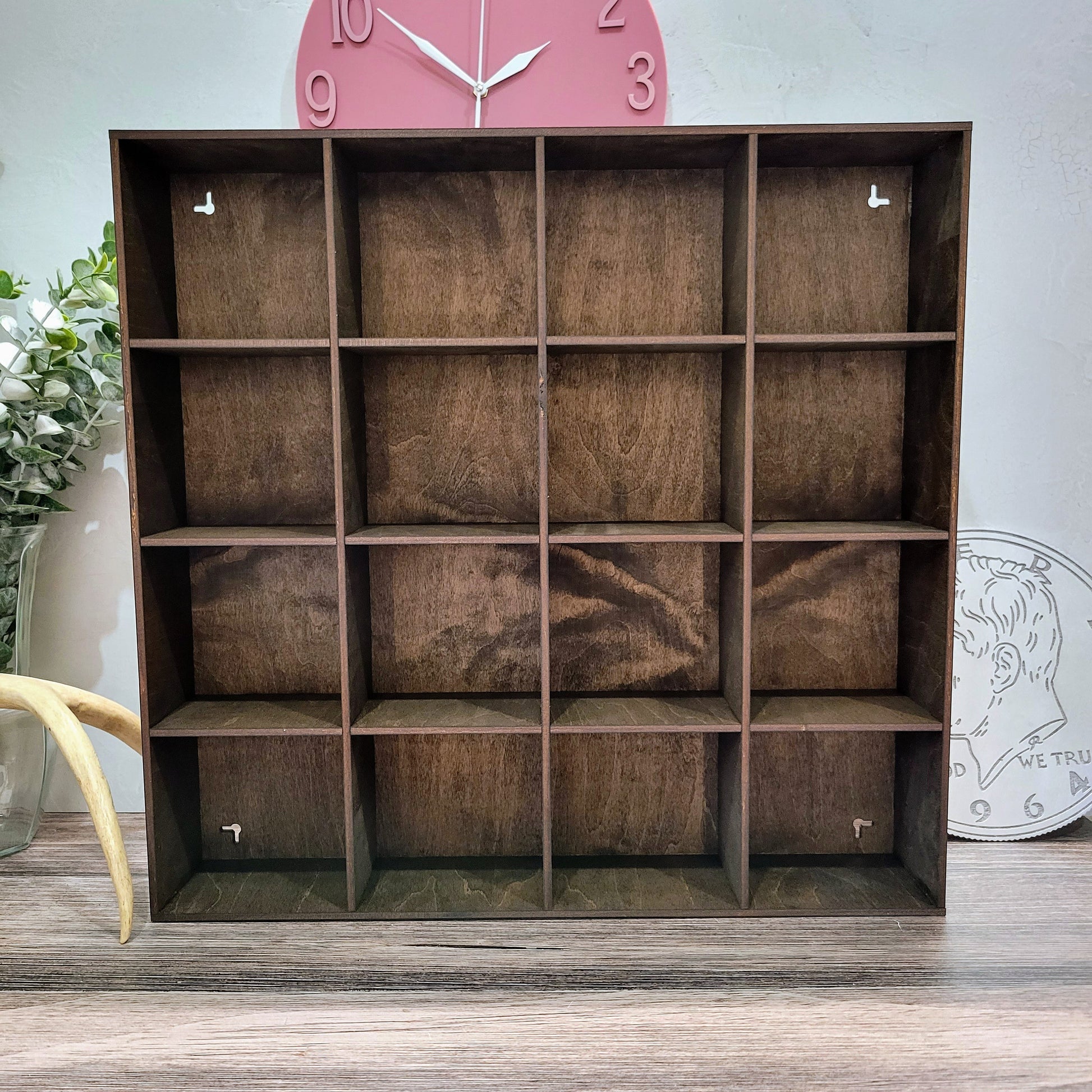 16 Compartment Wooden Display Shelf- Trinket ShelfCurio Cabinet- Knick Knack Collection Display - Printer Tray -Figure Organizer Display