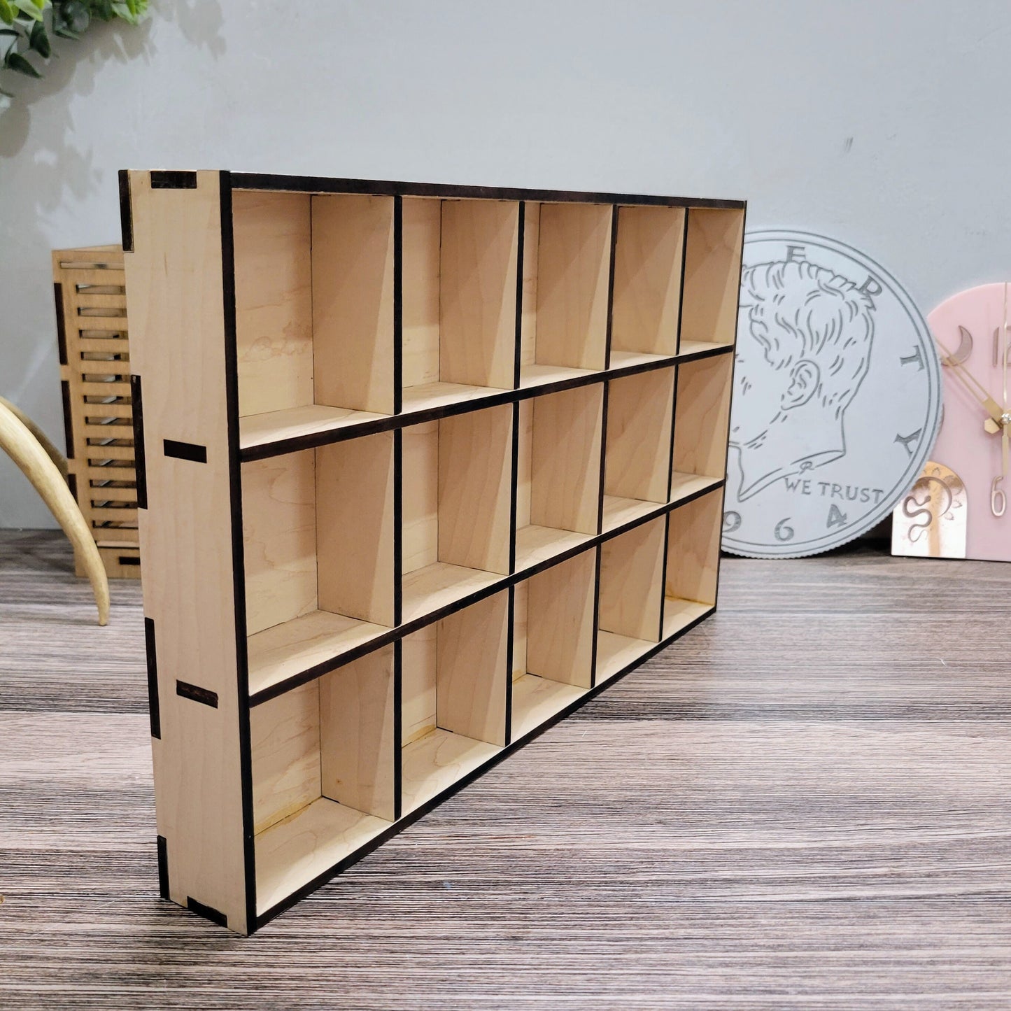 15 Compartment Wooden Display Shelf - Trinket Shelf - Curio Cabinet- Knick Knack Collection Display - Printer Tray -Figure Organizer Display