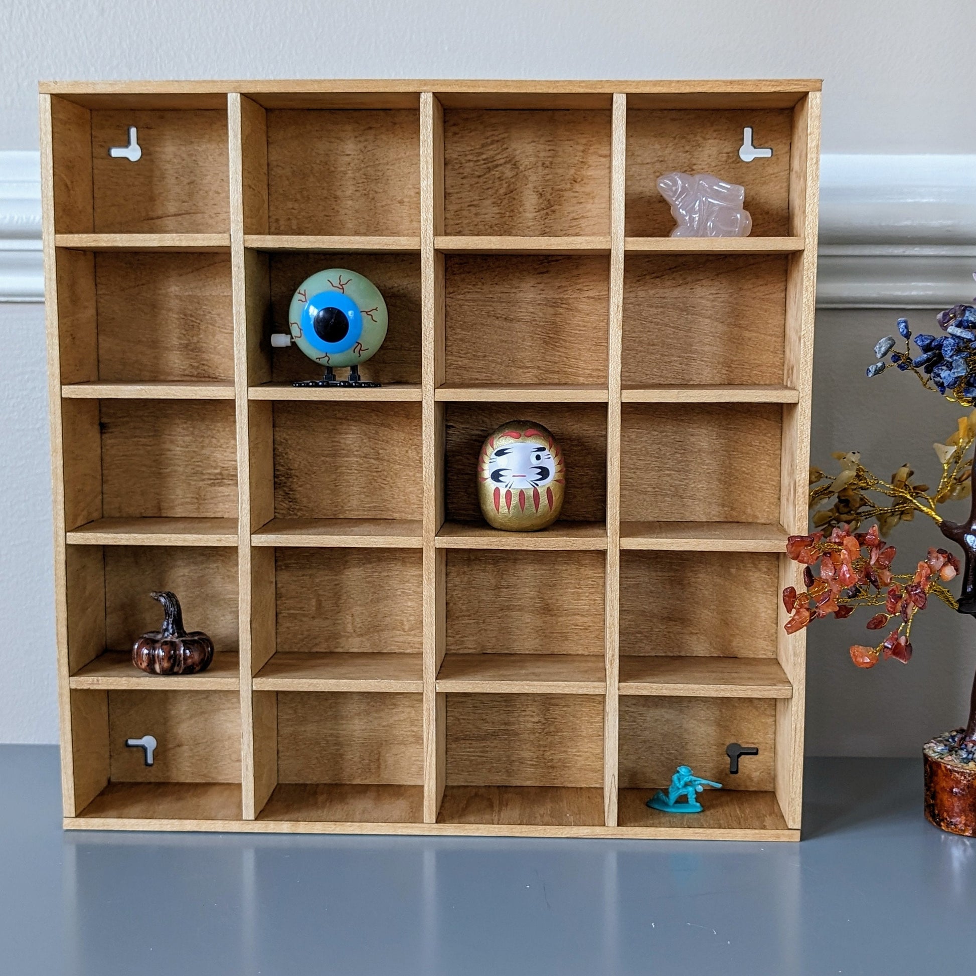20 Compartment Wooden Display Shelf - Trinket Shelf - Curio Cabinet- Knick Knack Collection Display - Printer Tray -Figure Organizer Display